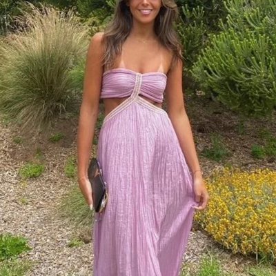 Strapless cut out purple a-line long prom dress - Thumbnail 1