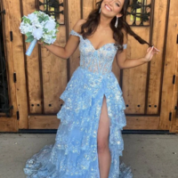 Off the Shoulder Blue Sequin Lace Prom Dresses With Split  - Thumbnail 1