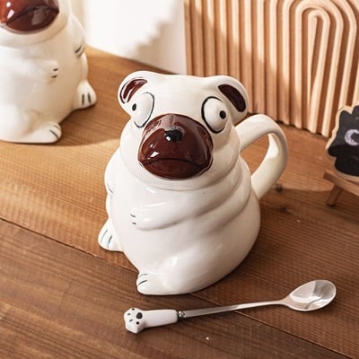 Funny dog ceramic mug with spoon and lid