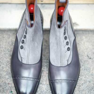 Handmade two-tone leather & suede button boots vintage victorian style men’s dress boots formal cap toe ankle boots groomsmen wedding shoes