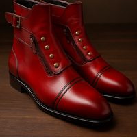 Men’s Red Leather Button Strap Ankle Boots Handmade Vintage Military Style Dress Boots - Thumbnail 1