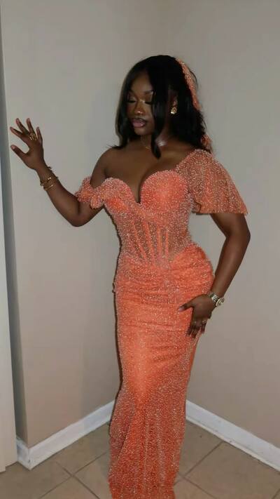 Elegant Mermaid Sequins Lace Afrcian Girls Prom Dresses Evening Gowns Formal Party Gowns