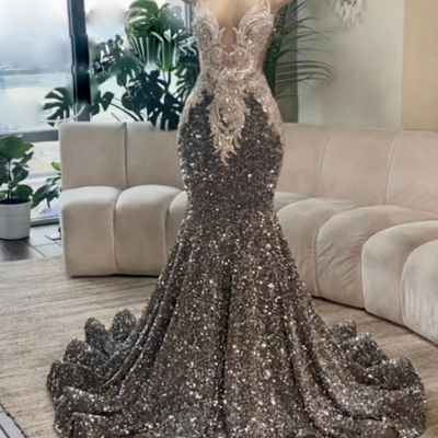 Gorgeous sparkly o neck silver sequin prom dresses