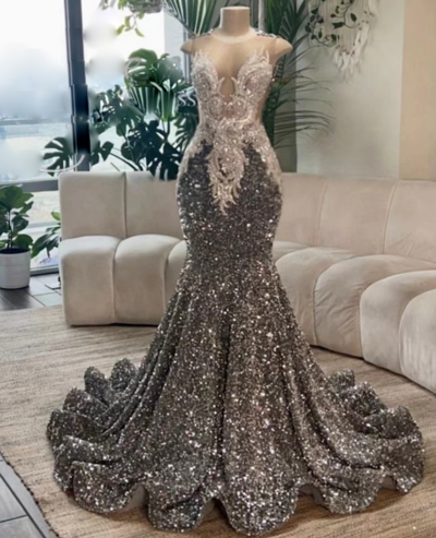 Gorgeous Sparkly O Neck Silver Sequin Prom Dresses