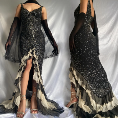Sexy black sparkly ruffled tulle long sequin prom dress 