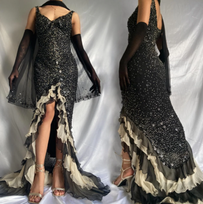 Sexy Black Sparkly Ruffled Tulle Long Sequin Prom Dress 