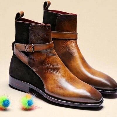 Crafted leather classic men brown patina suede leather jodhpur buckle strap boot
