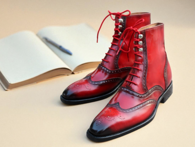 Crafted Leather Classic Handmade Red Black Patina Ankle High Lace up Wingtip Dress Boots 
