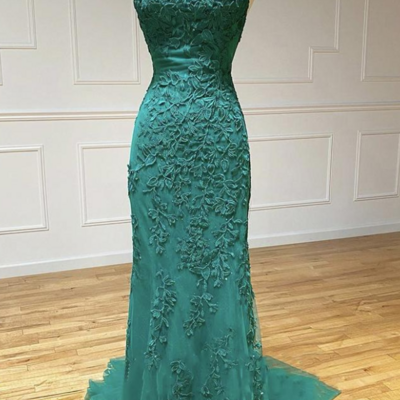 Spaghetti strap green lace tulle long mermaid prom dresses