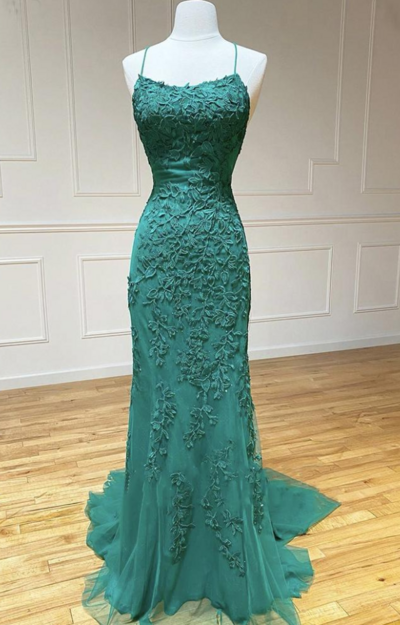 Spaghetti Strap Green Lace Tulle Long Mermaid Prom Dresses