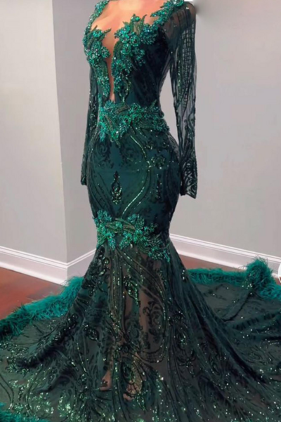 Emerald Green Sparkly Sequin Long Sleeve Prom Dresses