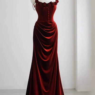 Chic straps red velvet evening dress