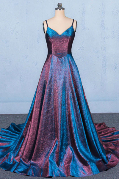 Spaghetti Straps A Line V-neck Sleeveless Long Evening Dress Prom Dress 