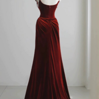 Chic Straps Red Velvet Evening Dress - Thumbnail 2