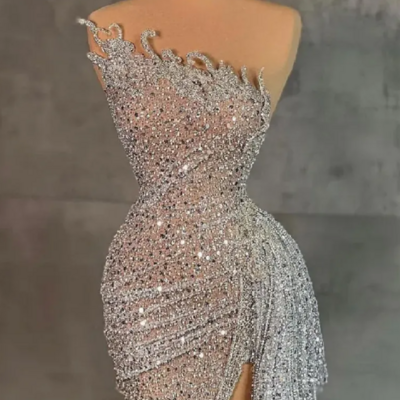 Custom made silver sequined pleated prom dresses cocktail dresses