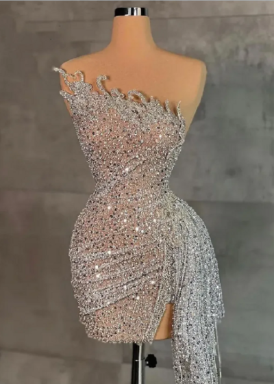 Custom Made Silver Sequined Pleated Prom Dresses Cocktail Dresses