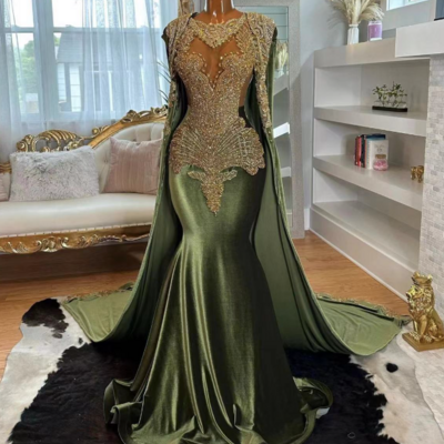 Vintage luxury olive green prom dresses with beading