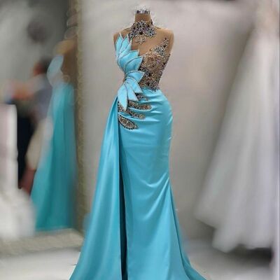 Elegant blue mermaid beading crystals prom dresses evening gowns formal party gowns