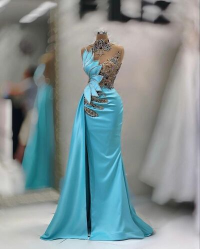Elegant Blue Mermaid Beading Crystals Prom Dresses Evening Gowns Formal Party Gowns