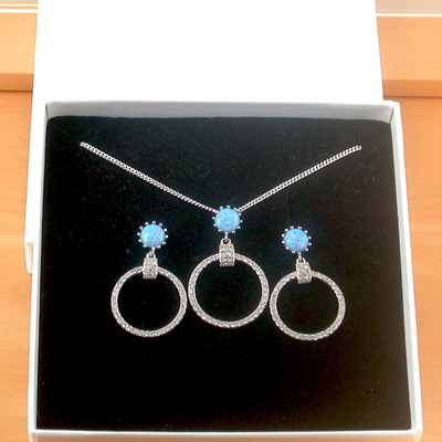Boxed gift set/sterling silver blue opal pendant & chain/blue opal necklace/blue opal jewellery/blue opal jewelry/opal & cz necklace/opal earrings/uk