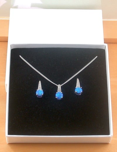 BOXED GIFT SET/Sterling Silver Blue Opal & Cz Pendant & Chain/Blue Opal Necklace/Opal Jewellery/Opal Jewelry/October Birthstone/UK