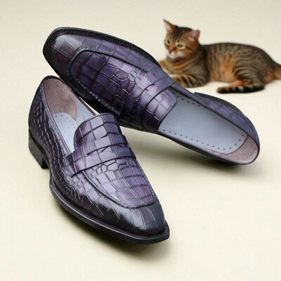 Crafted leather handmade classic purple patina crocodile/alligator leather dress shoes - Thumbnail 1