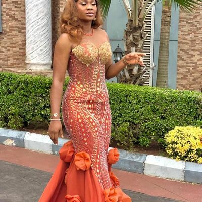 Elegant orange mermaid beading crystals afrcian girls prom dresses evening gowns formal party gowns
