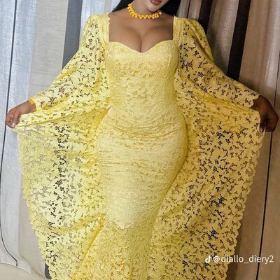 Elegant yellow lace prom dresses evening gowns formal party gowns