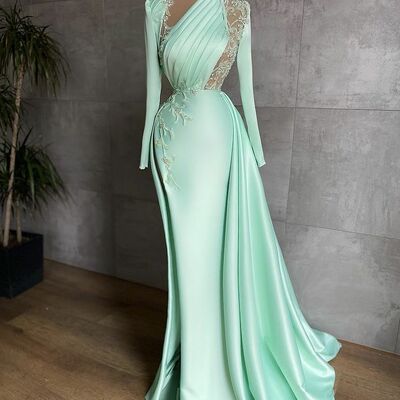Elegant green mermaid lace appliques prom dresses evening gowns formal party gowns - Thumbnail 1