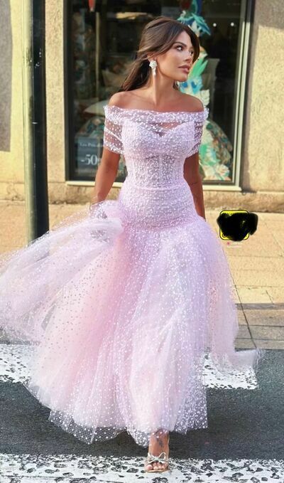 Elegant Pink Polka Dots Prom Dresses Evening Gowns Formal Party Gowns