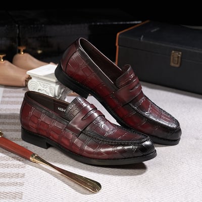Men's genuine leather stone embossed loafers 2 colors - Thumbnail 1