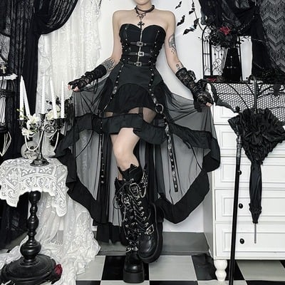 Gothic black mesh irregular skirt