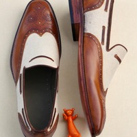 Crafted Leather Classic Men Brown Patina / Tweed Contrast Wingtip Loafers Dress Shoes - Thumbnail 1