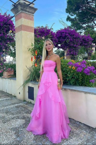 Strapless Pink A Line Prom Dresses Long