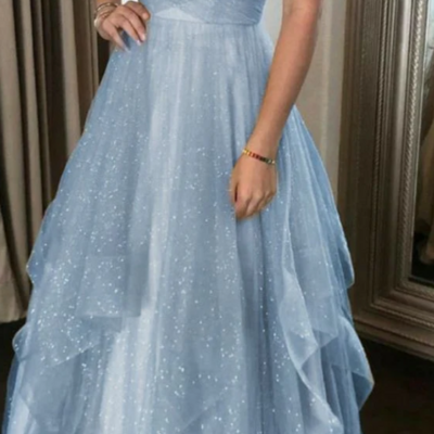 A line glittery light blue prom dress ruffled evening dresses 