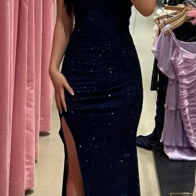 Glitter sheath/column black sequin prom dress with split