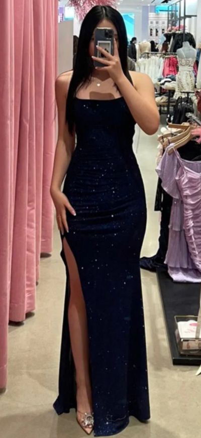 Glitter Sheath/Column Black Sequin Prom Dress with Split