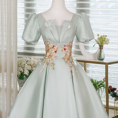 Light green satin short prom dress, a-line short sleeve evening party dress - Thumbnail 1