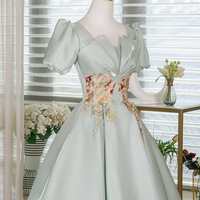 Light Green Satin Short Prom Dress, A-Line Short Sleeve Evening Party Dress - Thumbnail 2