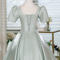 Light Green Satin Short Prom Dress, A-Line Short Sleeve Evening Party Dress - Thumbnail 3