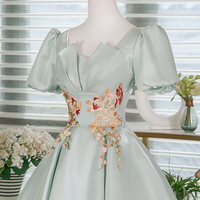 Light Green Satin Short Prom Dress, A-Line Short Sleeve Evening Party Dress - Thumbnail 4