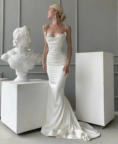 Sexy Wedding Dress, Mermaid Satin Beach Boho Bridal Dress Bridal Gown