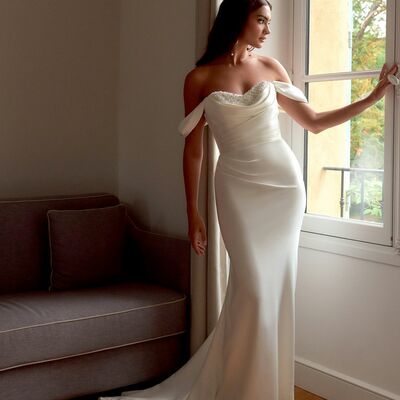 Sexy wedding dress, mermaid satin beading beach boho bridal dress bridal gown