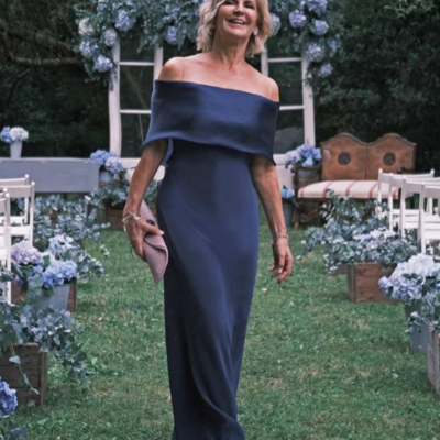 Sheath off the shoulder navy blue mother of the bride dress