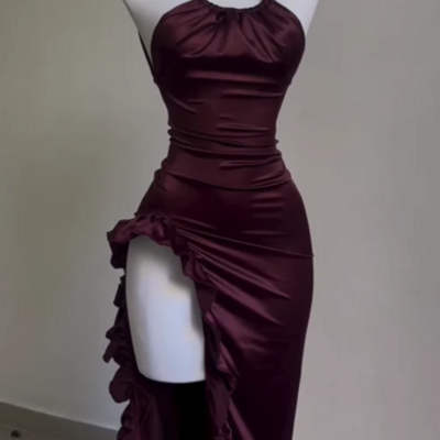 Sexy backless ruffle asymmetrical midi length prom dress