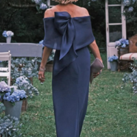 Sheath Off the Shoulder Navy Blue Mother of the Bride Dress - Thumbnail 1