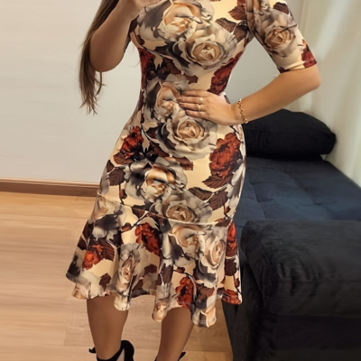 Round neck retro fashion flower print dress