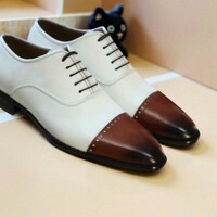 Crafted Leather Classic Two Tone Brown White Leather Oxford Dress Shoes - Thumbnail 1