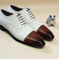 Crafted Leather Classic Two Tone Brown White Leather Oxford Dress Shoes - Thumbnail 3