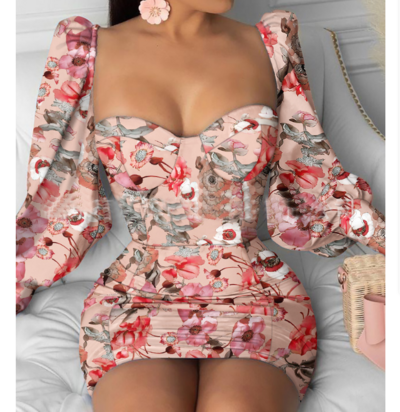 Temperament Printed Tight Long Sleeve Dress